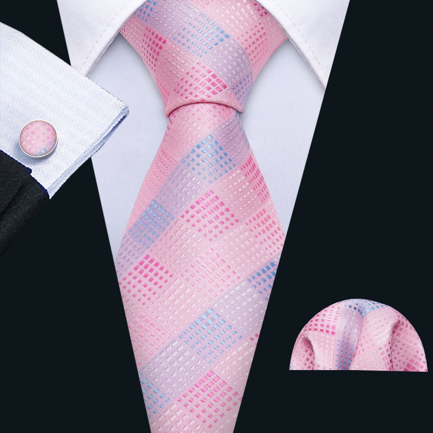 Barry Wang Pink sky blue purple Plaid Silk Men's Tie Pocket Square Cufflinks Set 