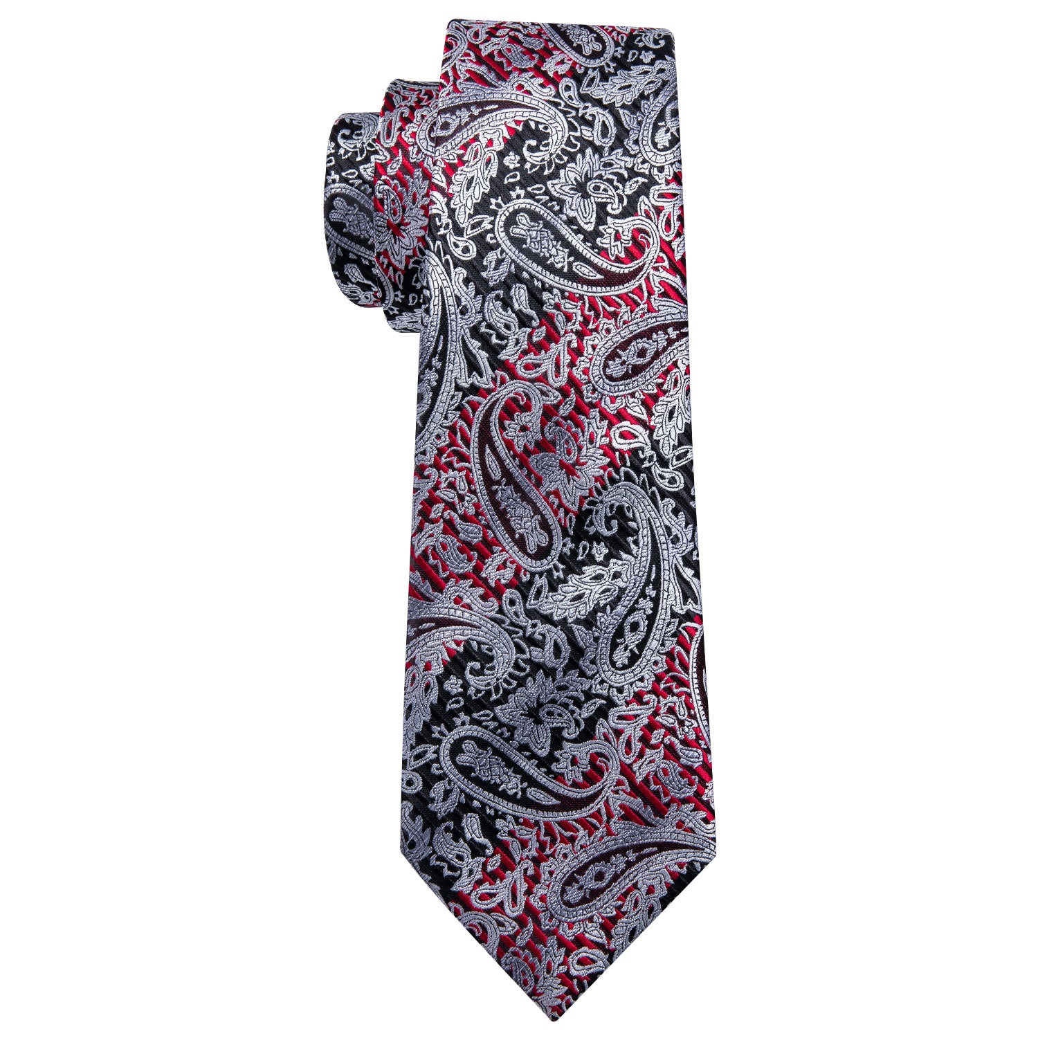 Silver Black Paisley Silk Men's Tie Pocket Square Cufflinks Set