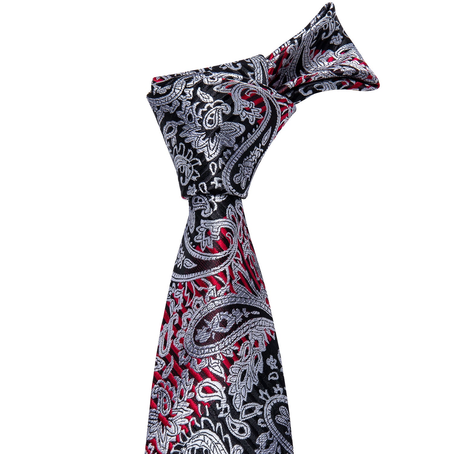Barry.wang Black Tie Silver Red Line Paisley Silk Men's Tie Pocket Square Cufflinks Set