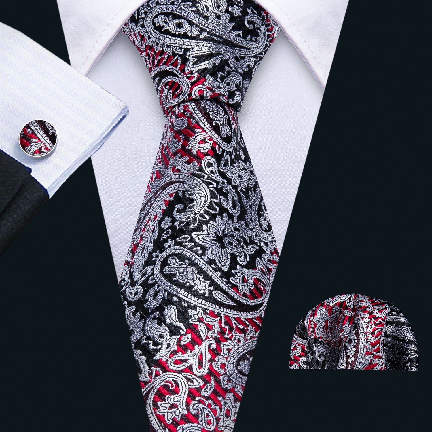Black Tie Silver Red Line Paisley Silk Men's Tie