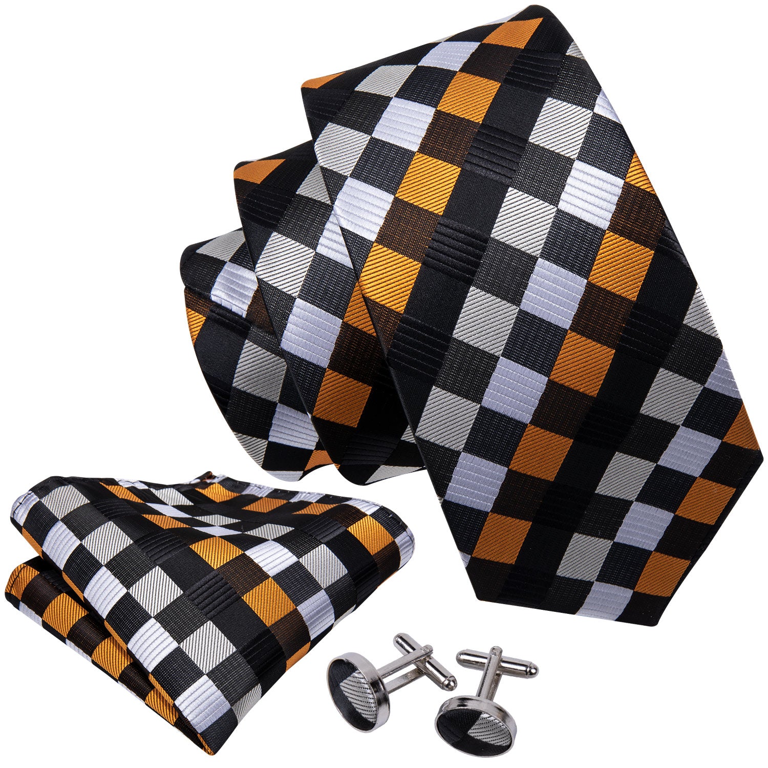 Orange Black White Plaid Silk Men's Tie Pocket Square Cufflinks Set