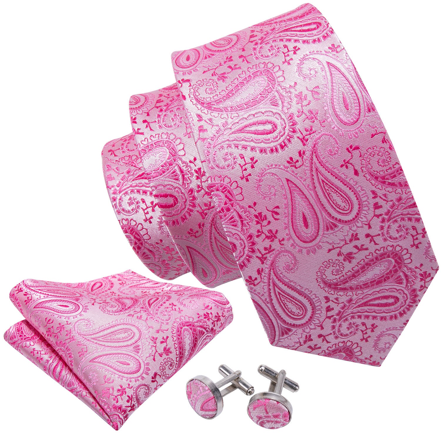 Fashion Pink Paisley Silk Men's Tie Pocket Square Cufflinks Set for Wedding