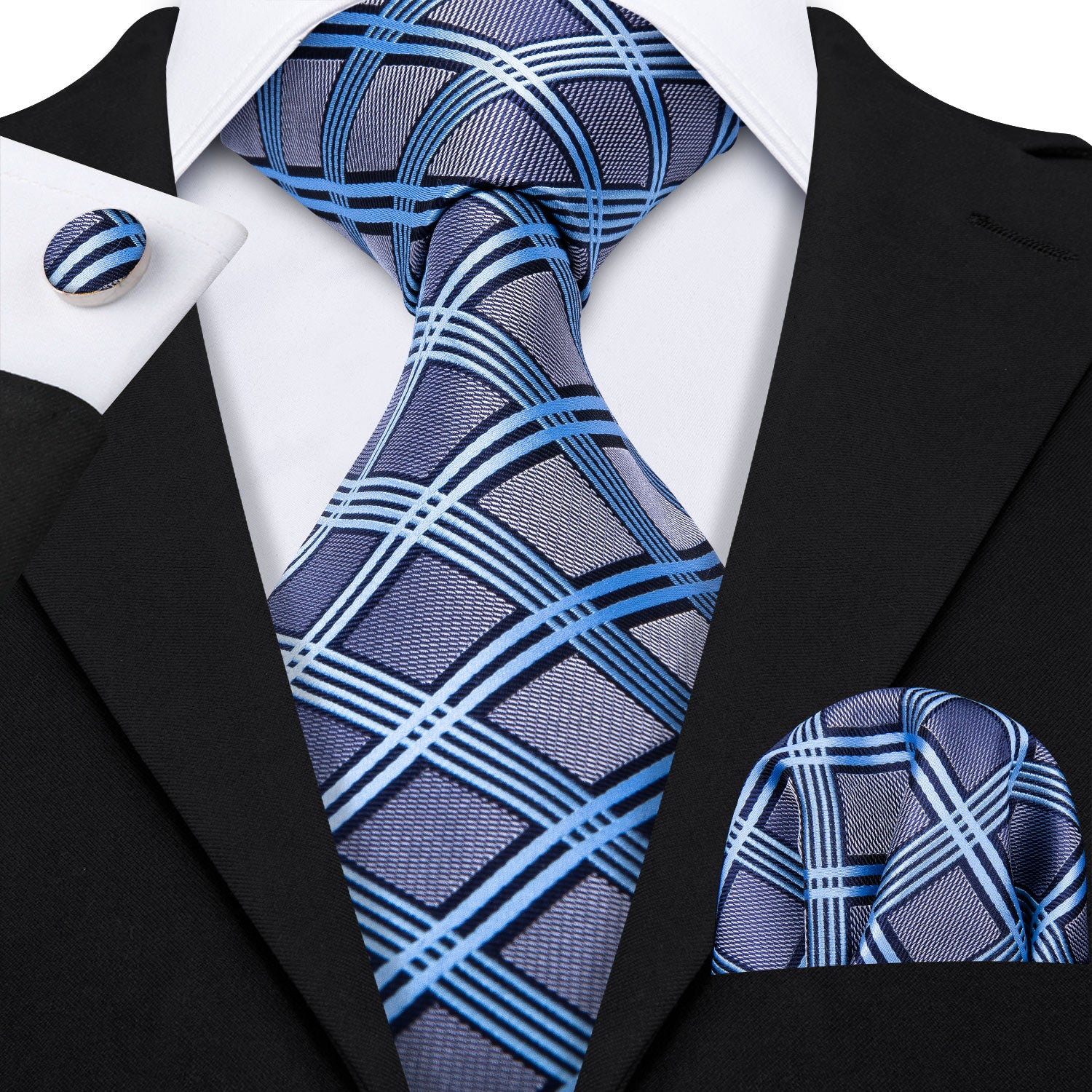 Sky blue striped men's grey checkered necktie and black suit white shirt 