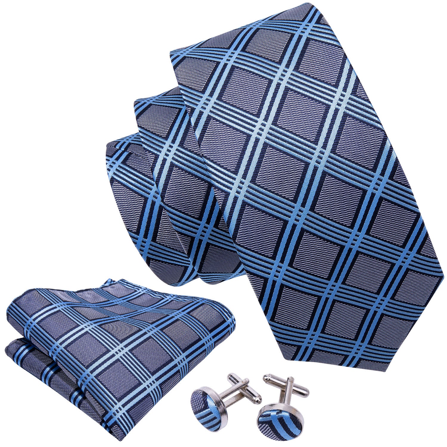 Grey Blue Plaid Silk Men's Tie Pocket Square Cufflinks Set