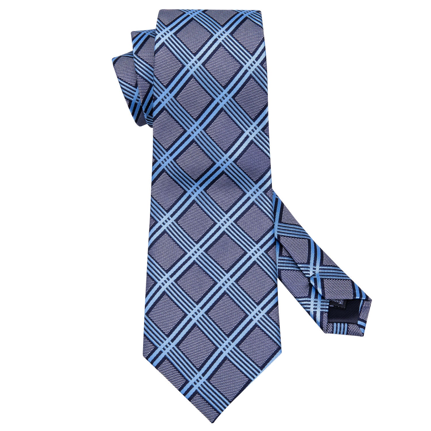 Grey Blue Plaid Silk Men's Tie Pocket Square Cufflinks Set