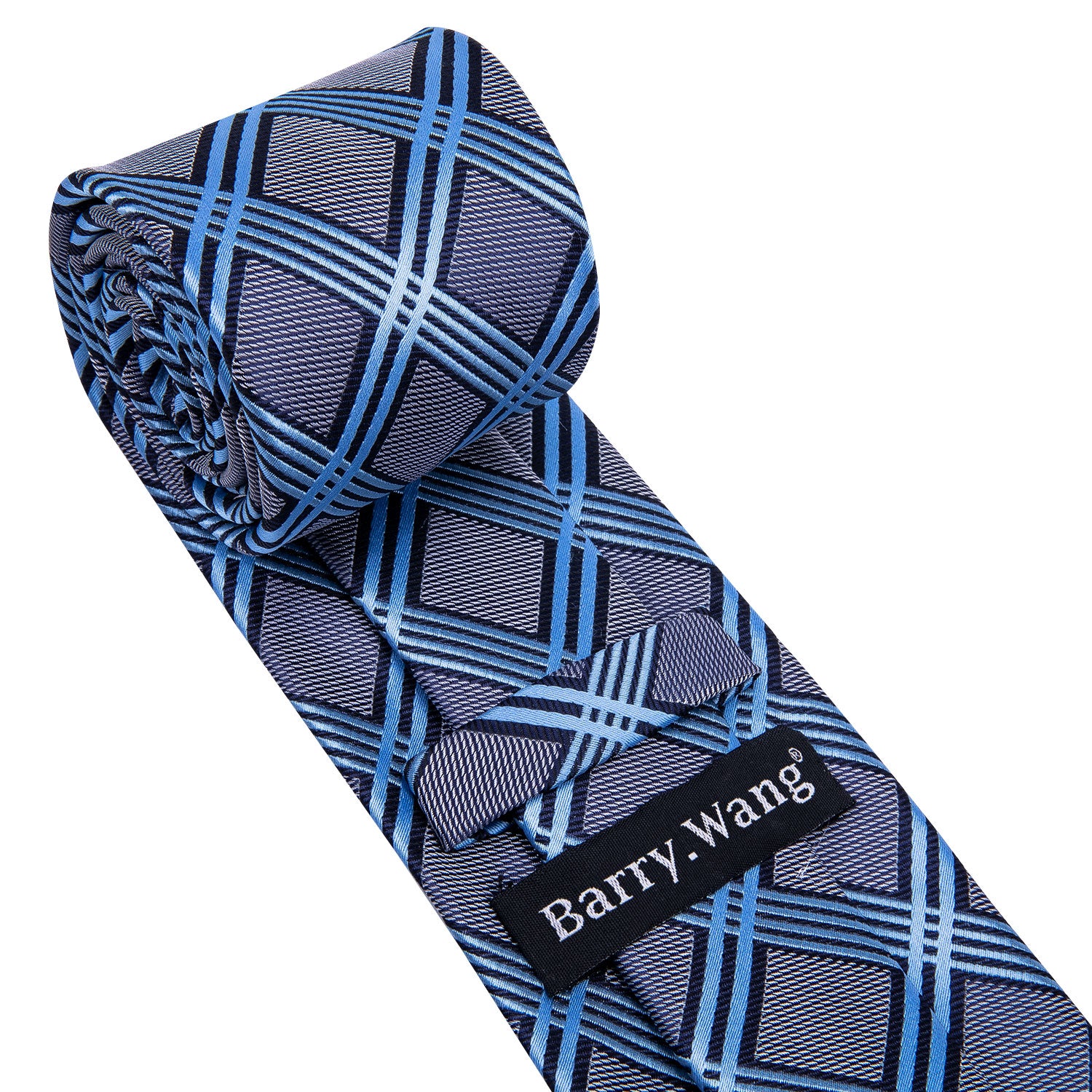 Grey Blue Plaid Silk Men's Tie Pocket Square Cufflinks Set