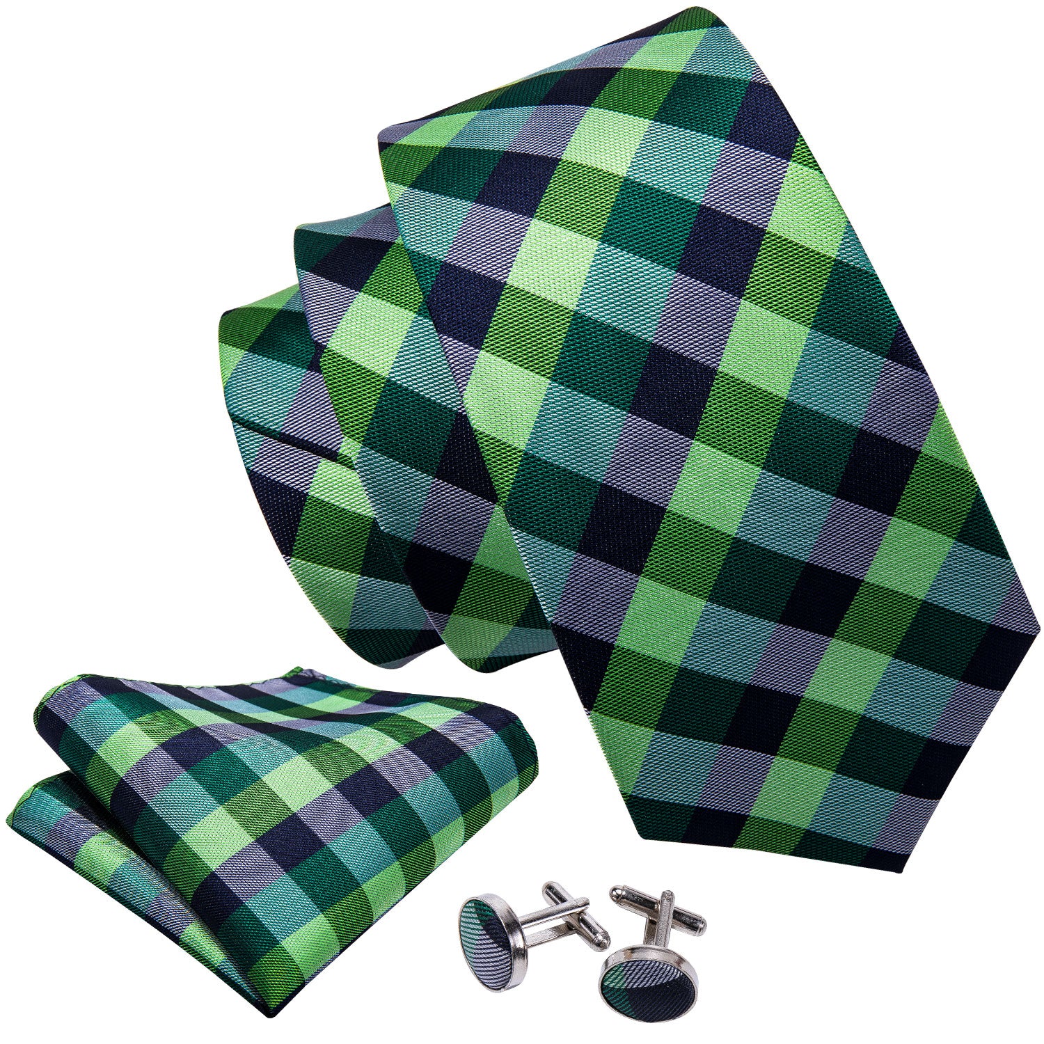 Green Plaid Silk Men's Tie Pocket Square Cufflinks Set