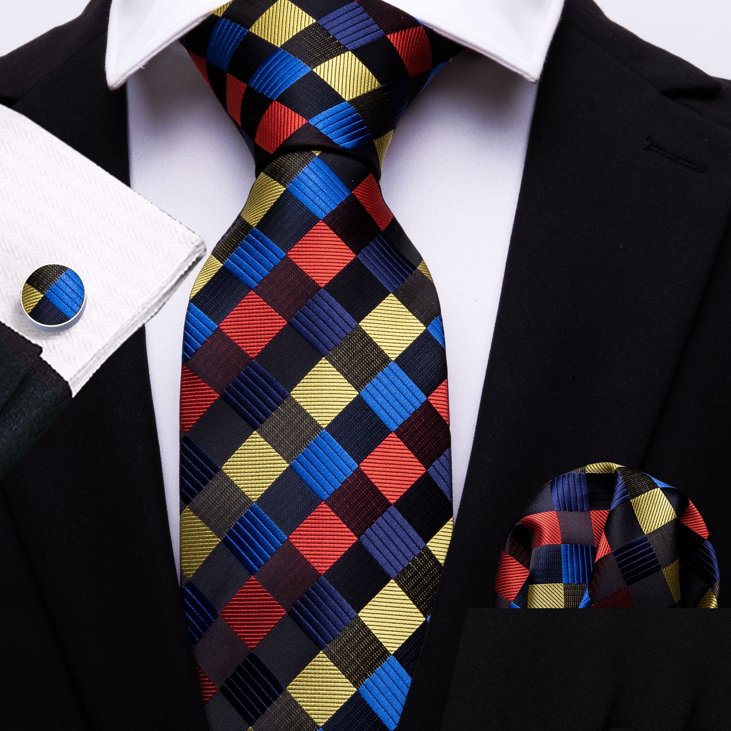Red Yellow Blue Plaid Silk Men's Tie Pocket Square Cufflinks Set