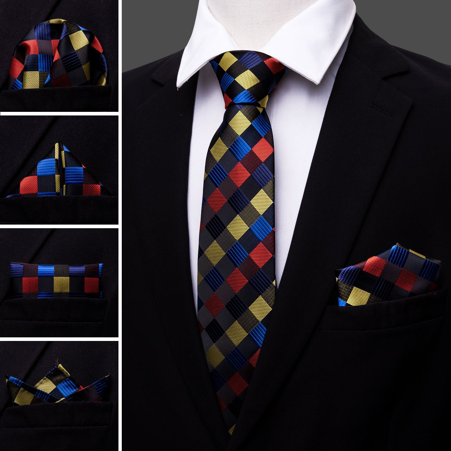 Red Yellow Blue Plaid Silk Men's Tie Pocket Square Cufflinks Set