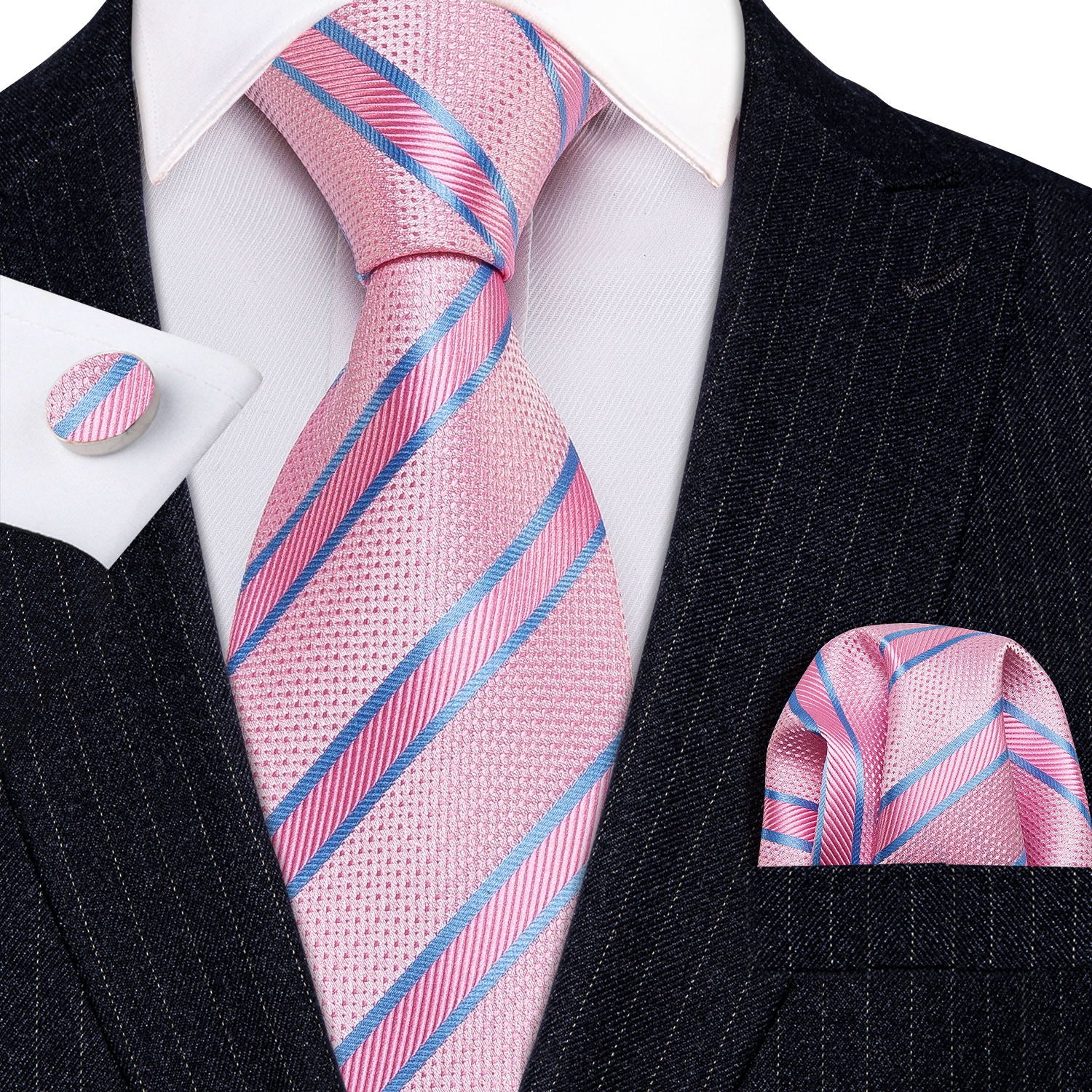 Pink Blue Striped Silk Men's Tie Pocket Square Cufflinks Set