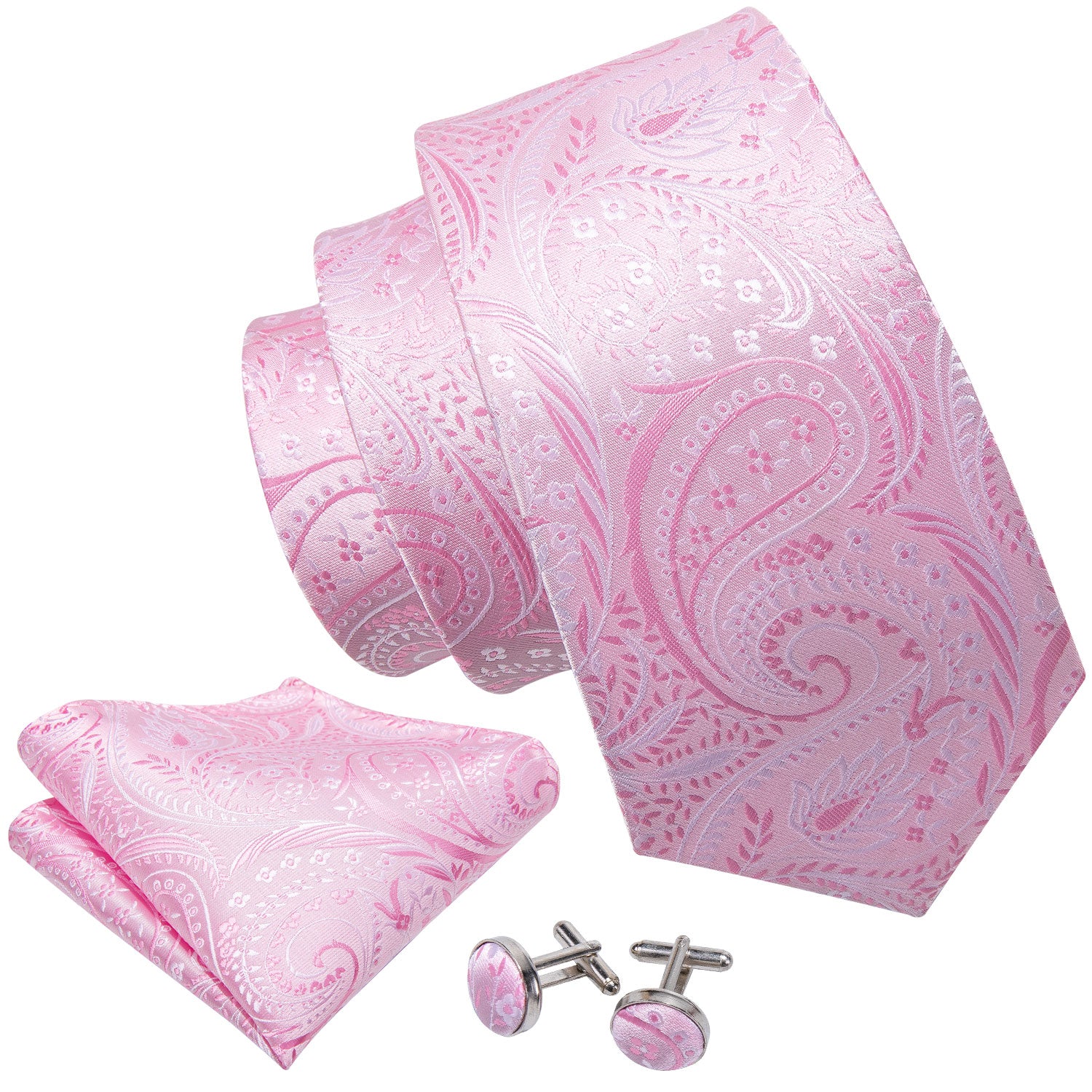 Beautiful Pink Floral Men's Tie Pocket Square Cufflinks Set