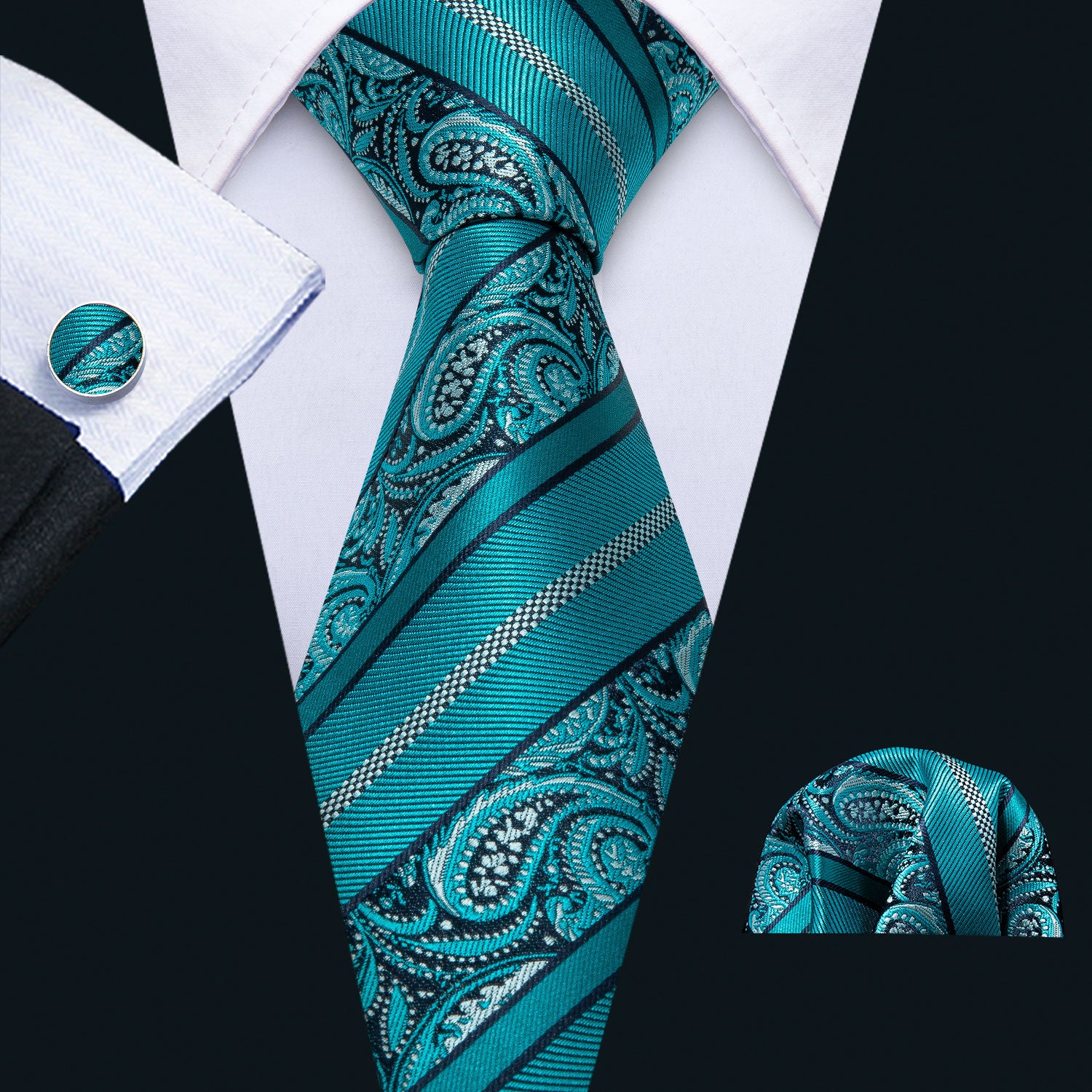 Cyan Paisley Silk Tie Pocket Square Cufflinks Set