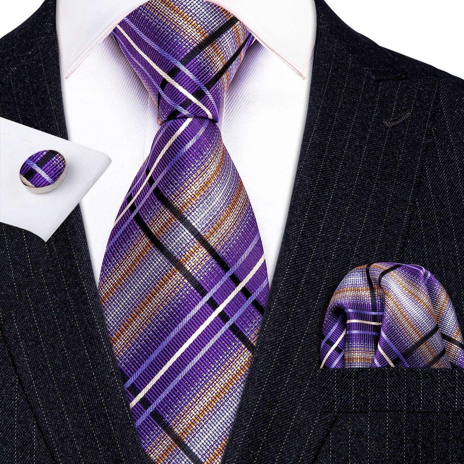 Purple Beige Striped Silk Men's Tie Pocket Square Cufflinks Set