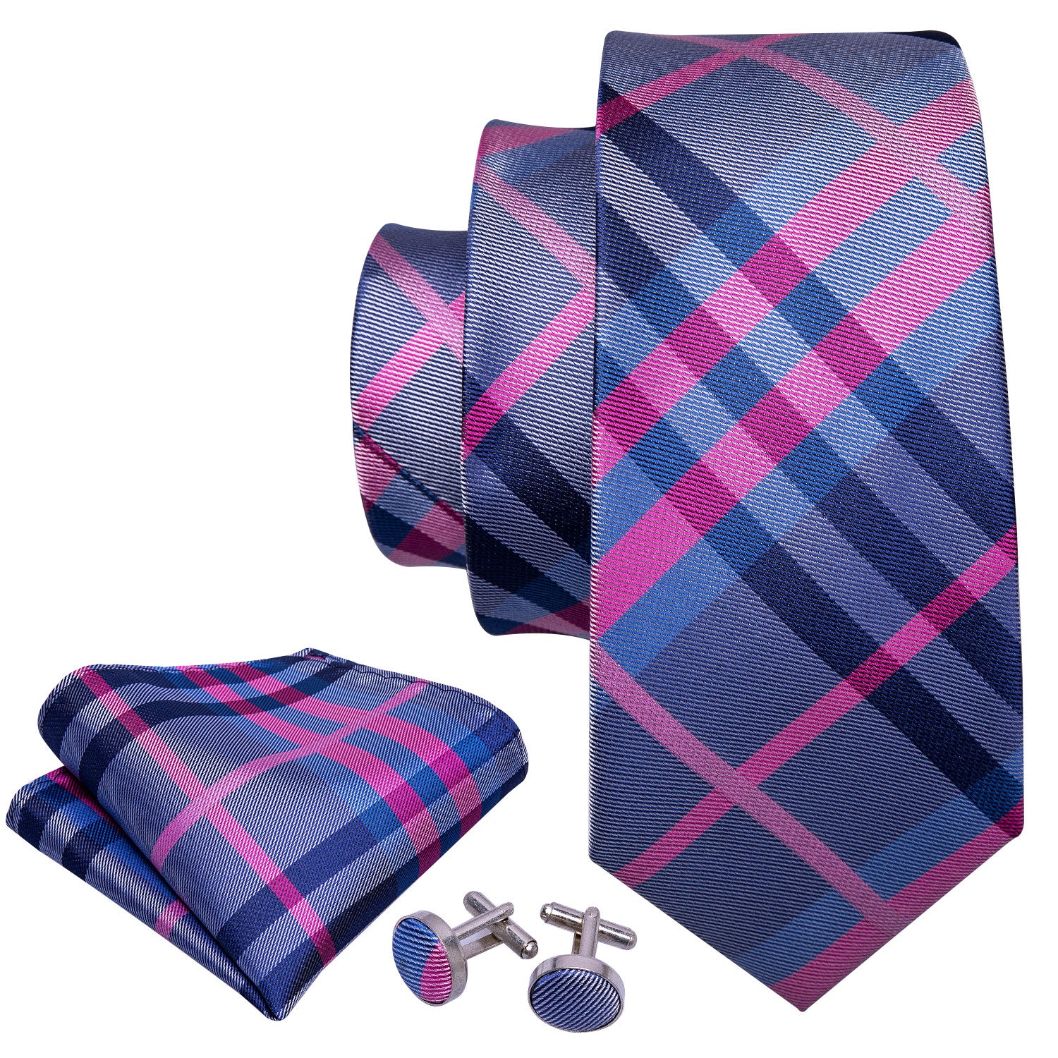 Red Blue Stripe Tie Pocket Square Cufflinks Set