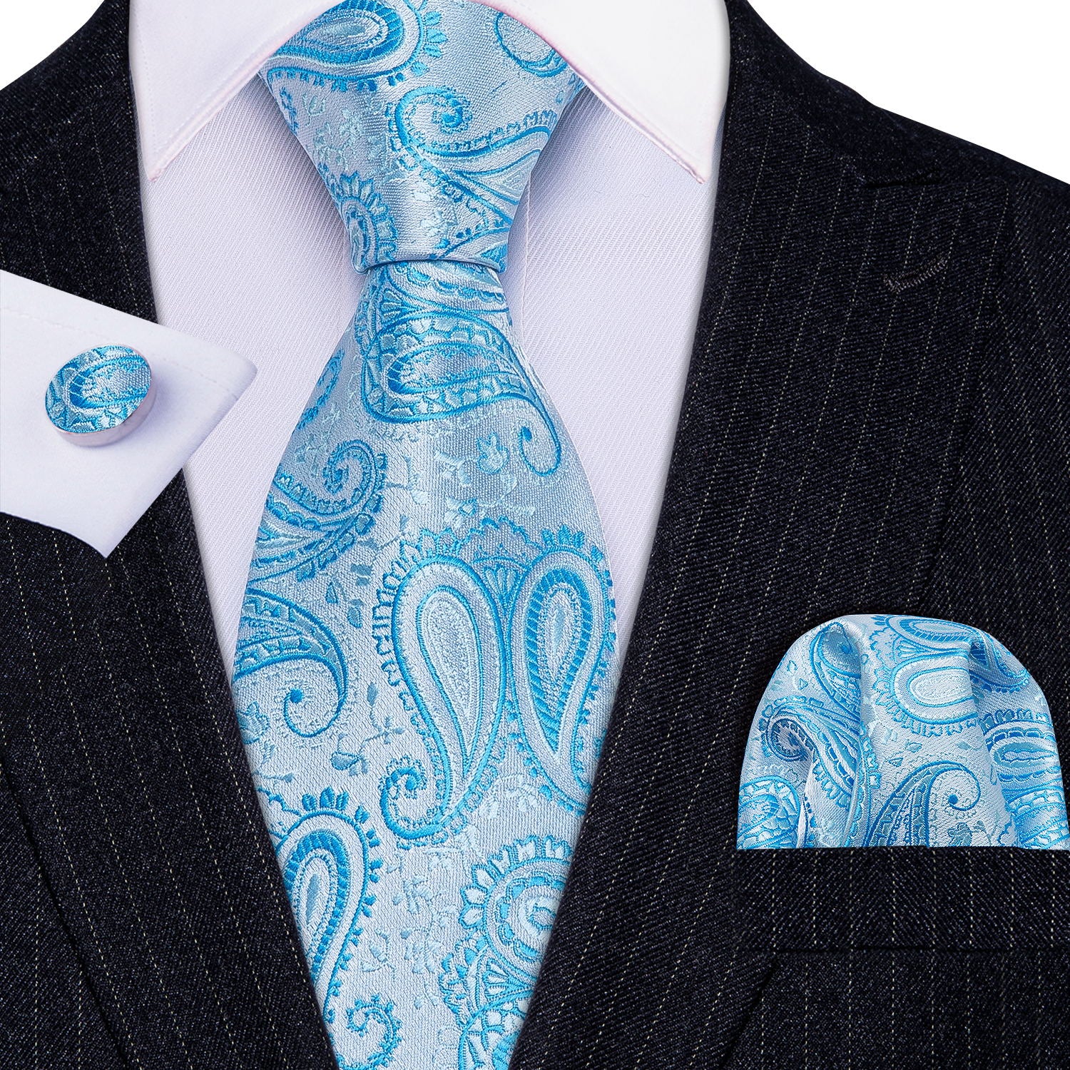 Sky-blue Paisley Silk Men's Tie Pocket Square Cufflinks Set