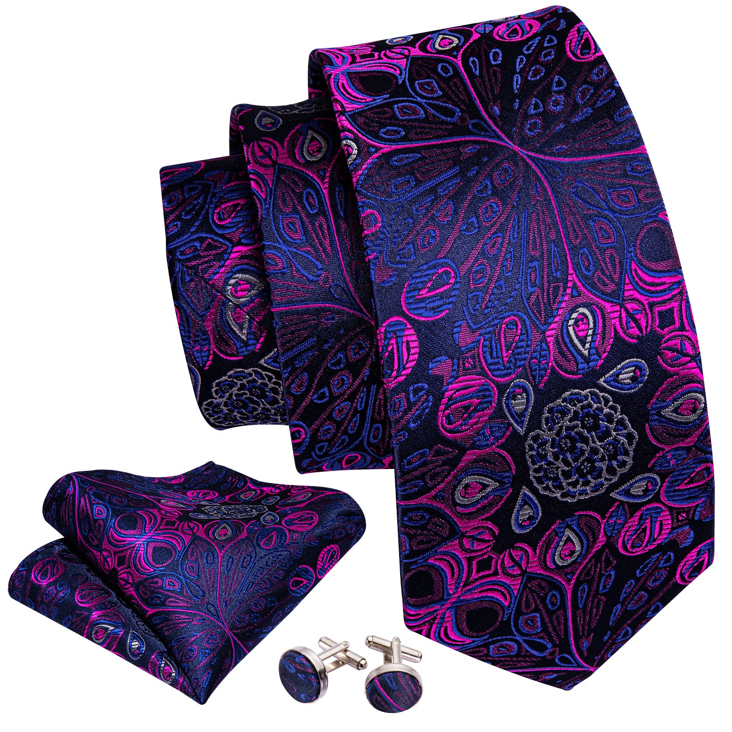 Deep Blue Pink Paisley Silk Men's Tie  Hanky Cufflinks Set