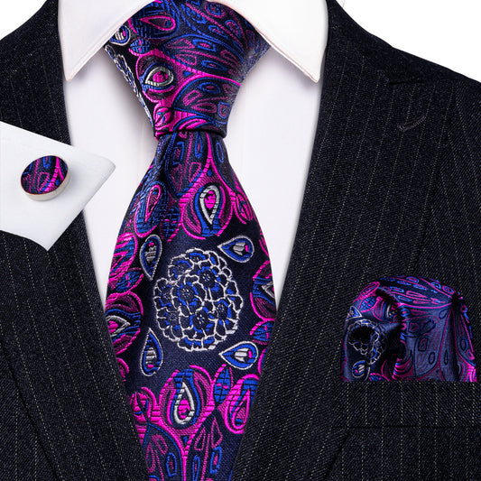 Deep Blue Pink Paisley Silk Men's Tie  Hanky Cufflinks Set