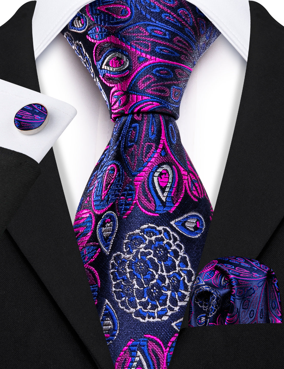 Deep Blue Pink Paisley Silk Men's Tie Pocket Square Cufflinks Set