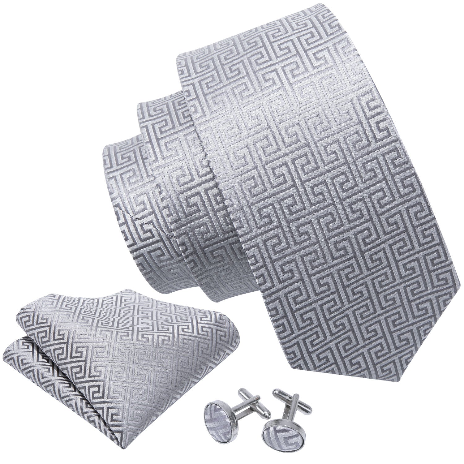  Sliver Plaid Silk Men's Tie Pocket Square Cufflinks Set