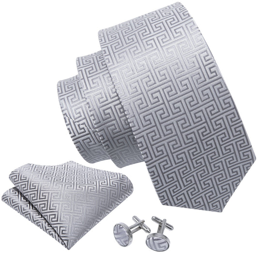  Sliver Plaid Silk Men's Tie Pocket Square Cufflinks Set