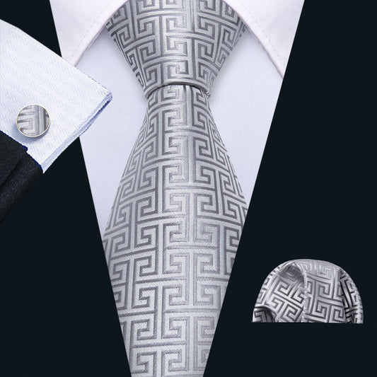  Sliver Plaid Silk Men's Tie Pocket Square Cufflinks Set