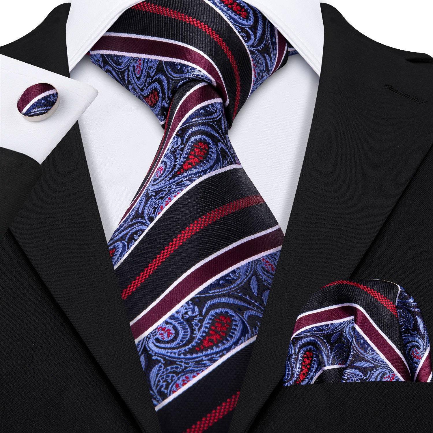 Black Blue Paisley Silk Tie Pocket Square Cufflinks Set