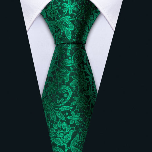 Barry. Wang Floral Tie Fluorescent Green Paisley Silk Tie Hanky Cufflinks Set