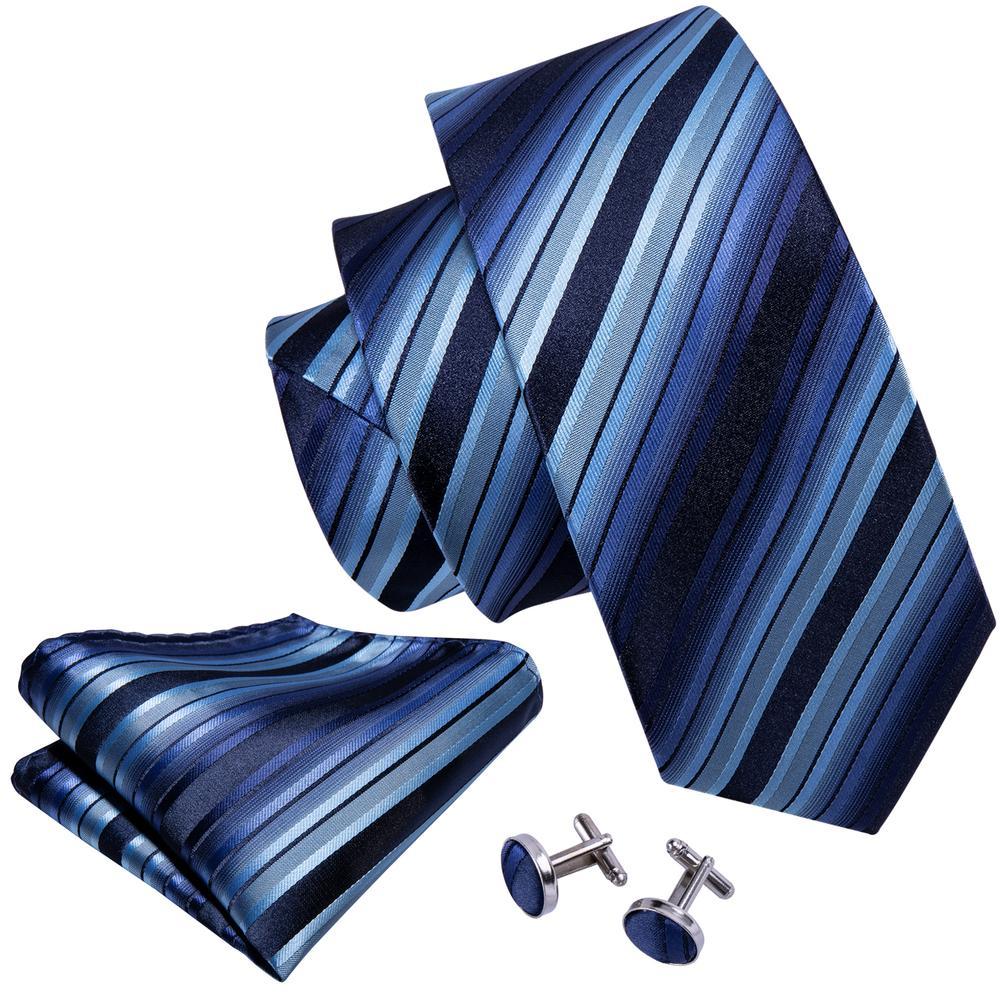 Fashion Blue Black Striped Men's Tie Pocket Square Cufflinks Set - barry-wang