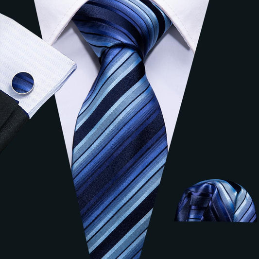 Fashion Blue Black Striped Men's Tie Pocket Square Cufflinks Set - barry-wang