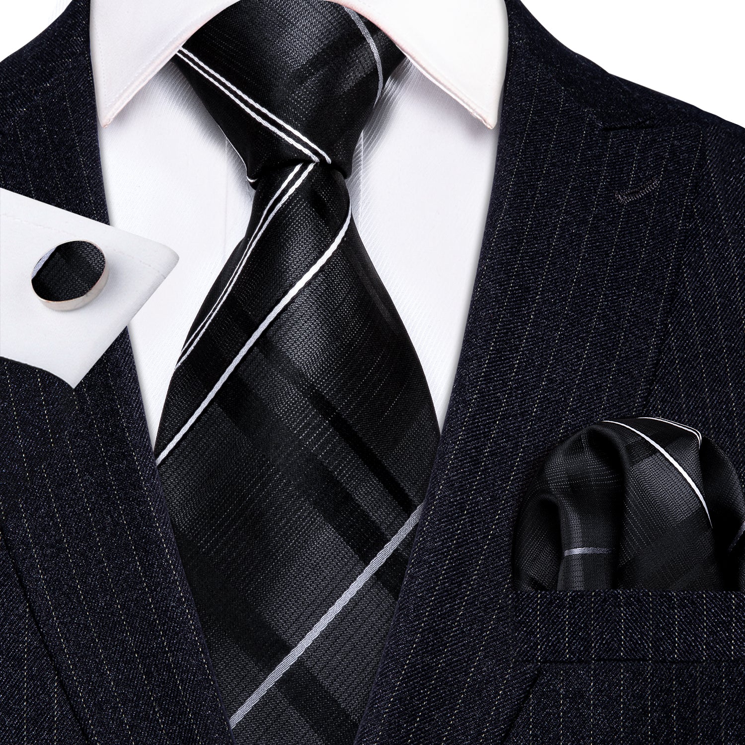 Sliver Grey Striped 100% Silk Tie Hanky Cufflinks Set