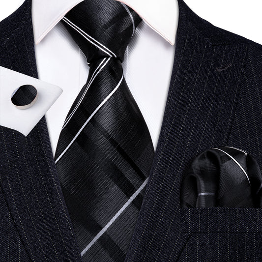 Black Tie Silver Grey Striped Silk Tie Hanky Cufflinks Set