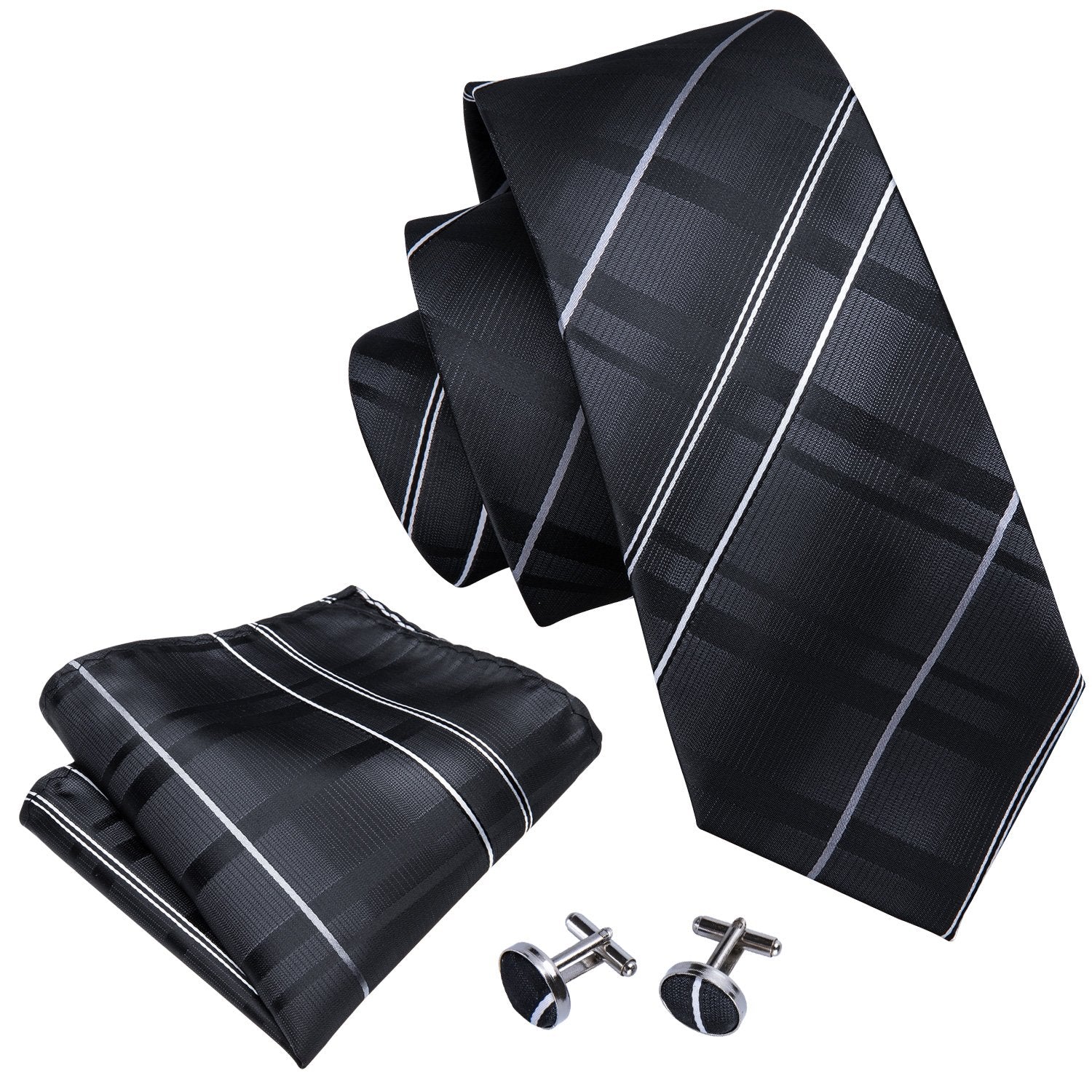 Sliver Grey Striped 100% Silk Tie Hanky Cufflinks Set - barry-wang
