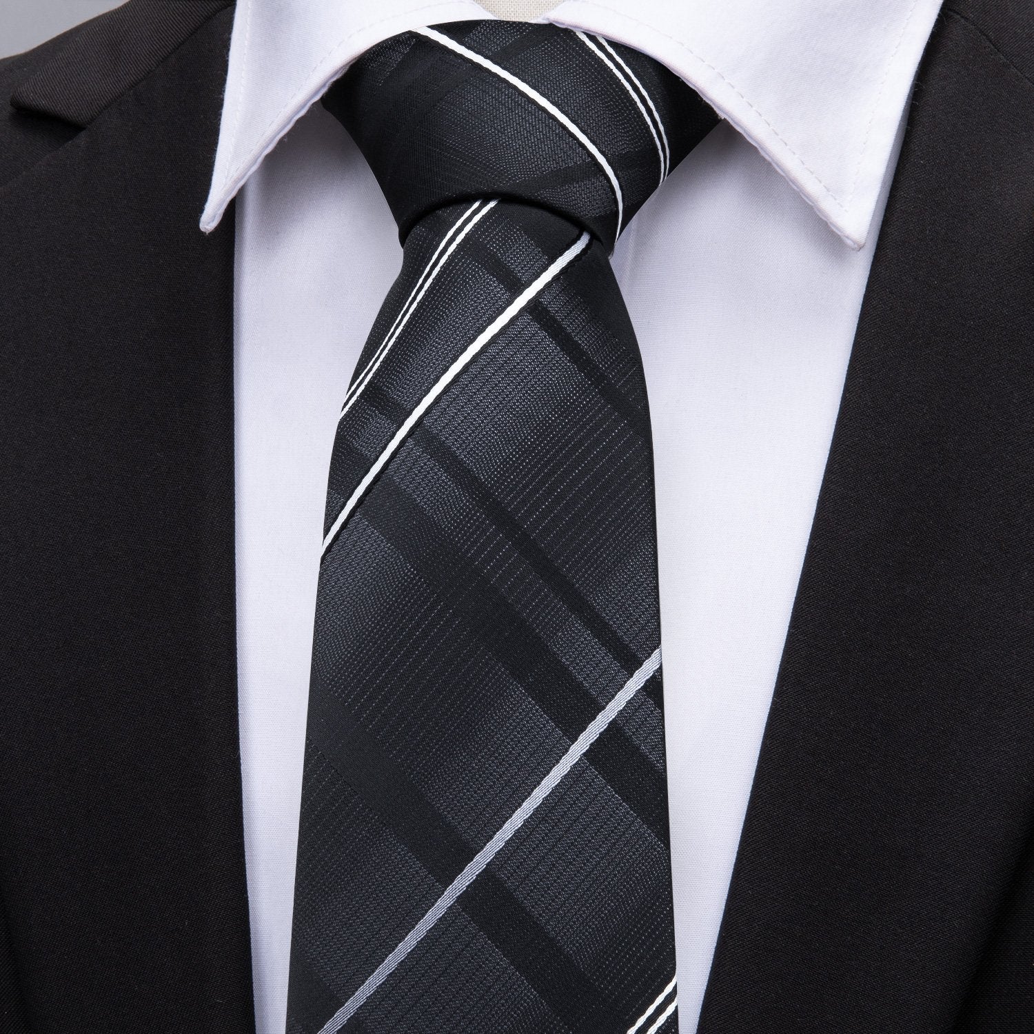 Sliver Grey Striped 100% Silk Tie Hanky Cufflinks Set - barry-wang