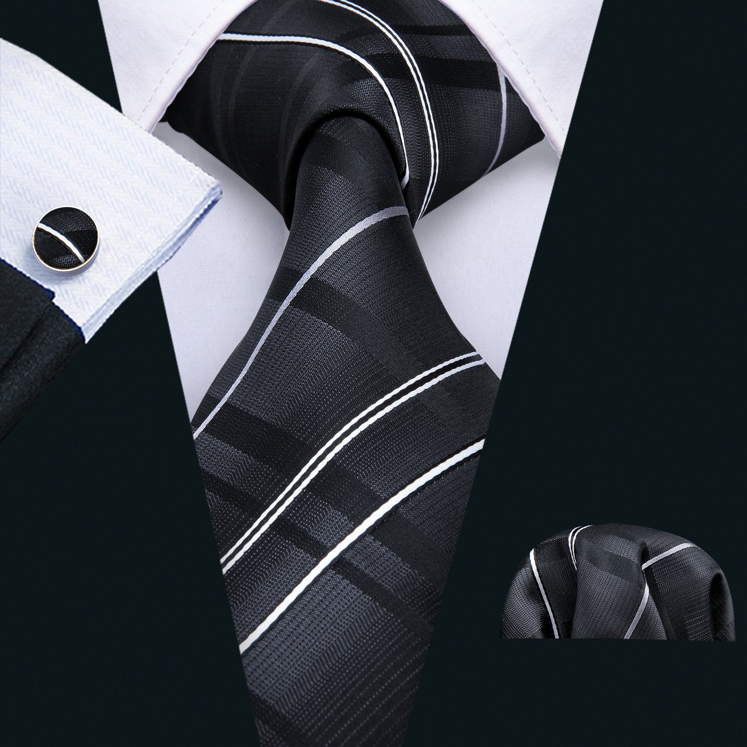 Grey Striped Necktie Pocket Square Cufflink Clip Gift Box Set