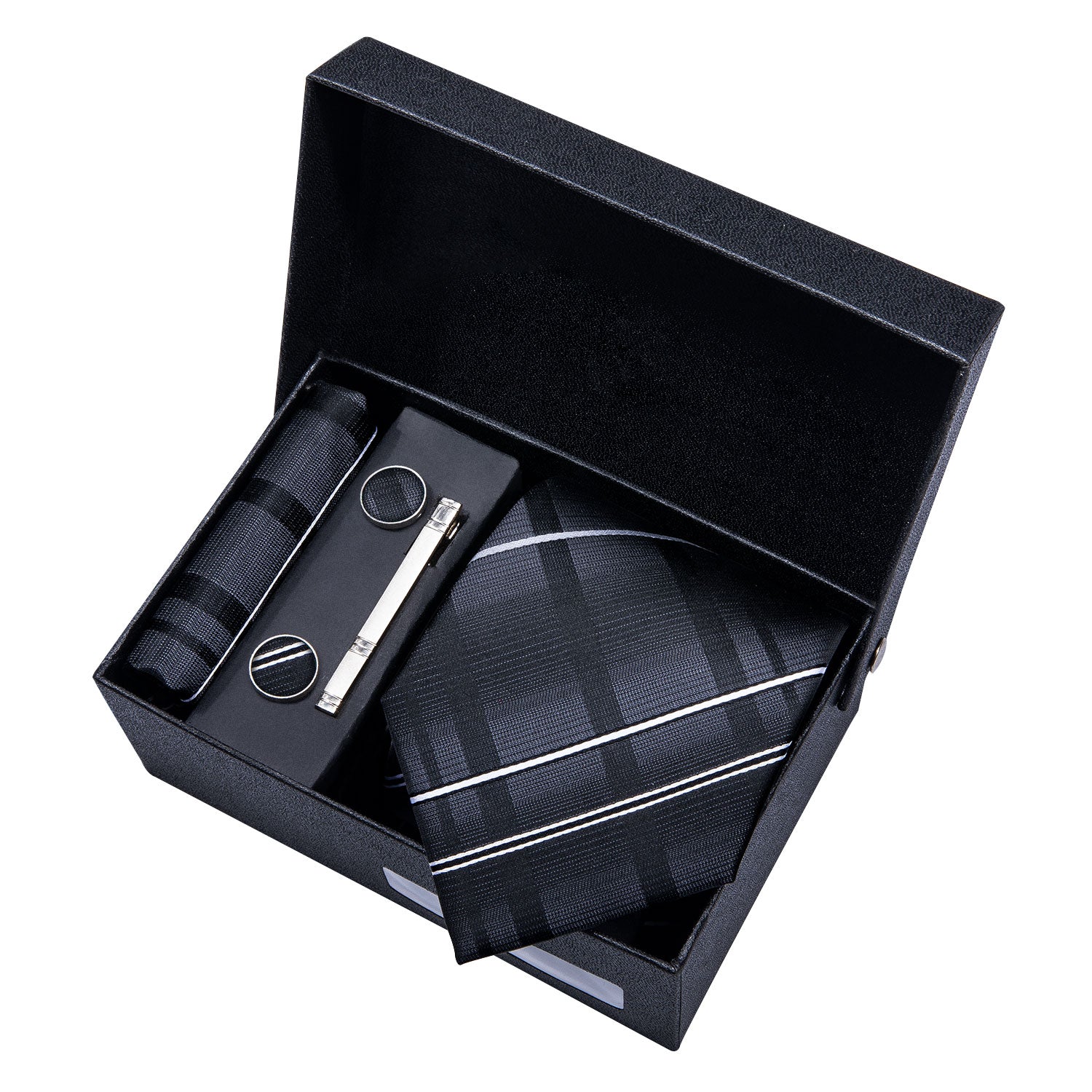 Grey Striped Necktie Pocket Square Cufflink Clip Gift Box Set