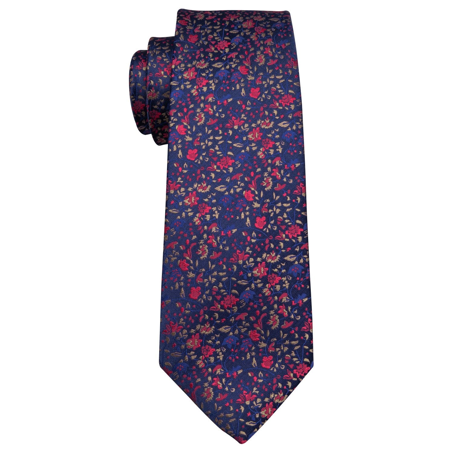 Navy Blue Floral Silk Fabric Tie Hanky Cufflinks Set - barry-wang
