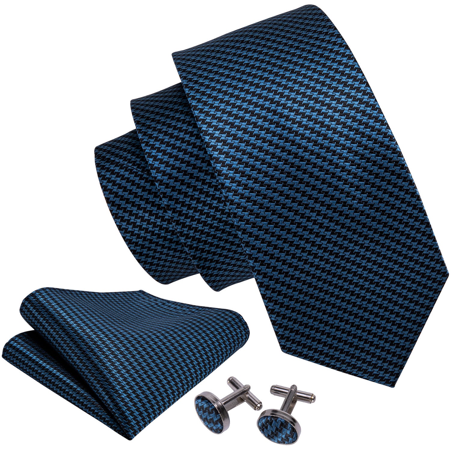 Barry Wang Ocean Blue Houndstooth Silk Fabric Tie Hanky Cufflinks Set