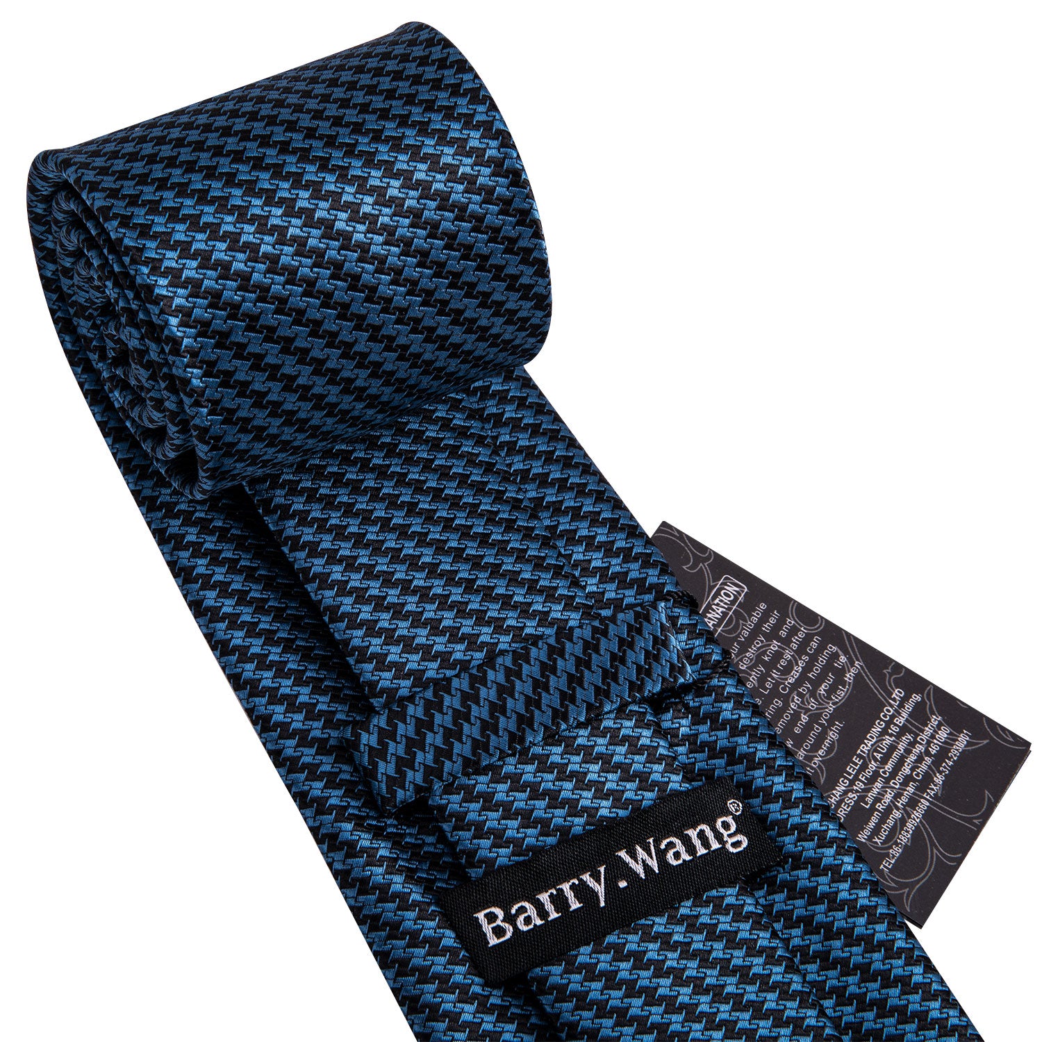 Barry Wang Ocean Blue Houndstooth Silk Fabric Tie Hanky Cufflinks Set