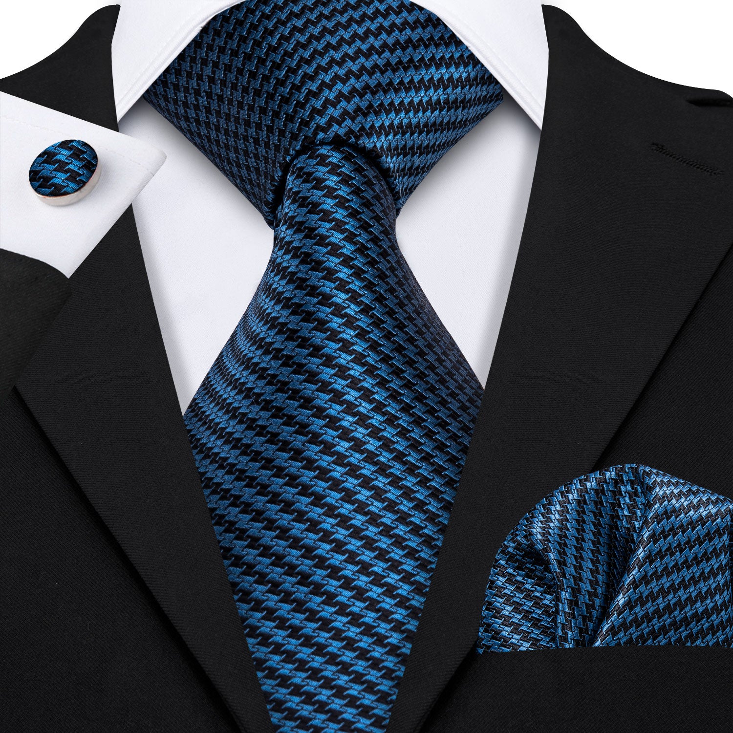 Navy Blue Houndstooth Silk Fabric Tie Hanky Cufflinks Set