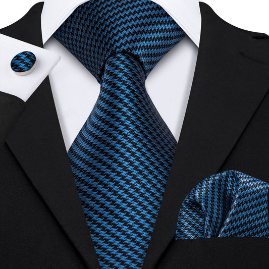 Barry Wang Ocean Blue Houndstooth Silk Fabric Tie Hanky Cufflinks Set