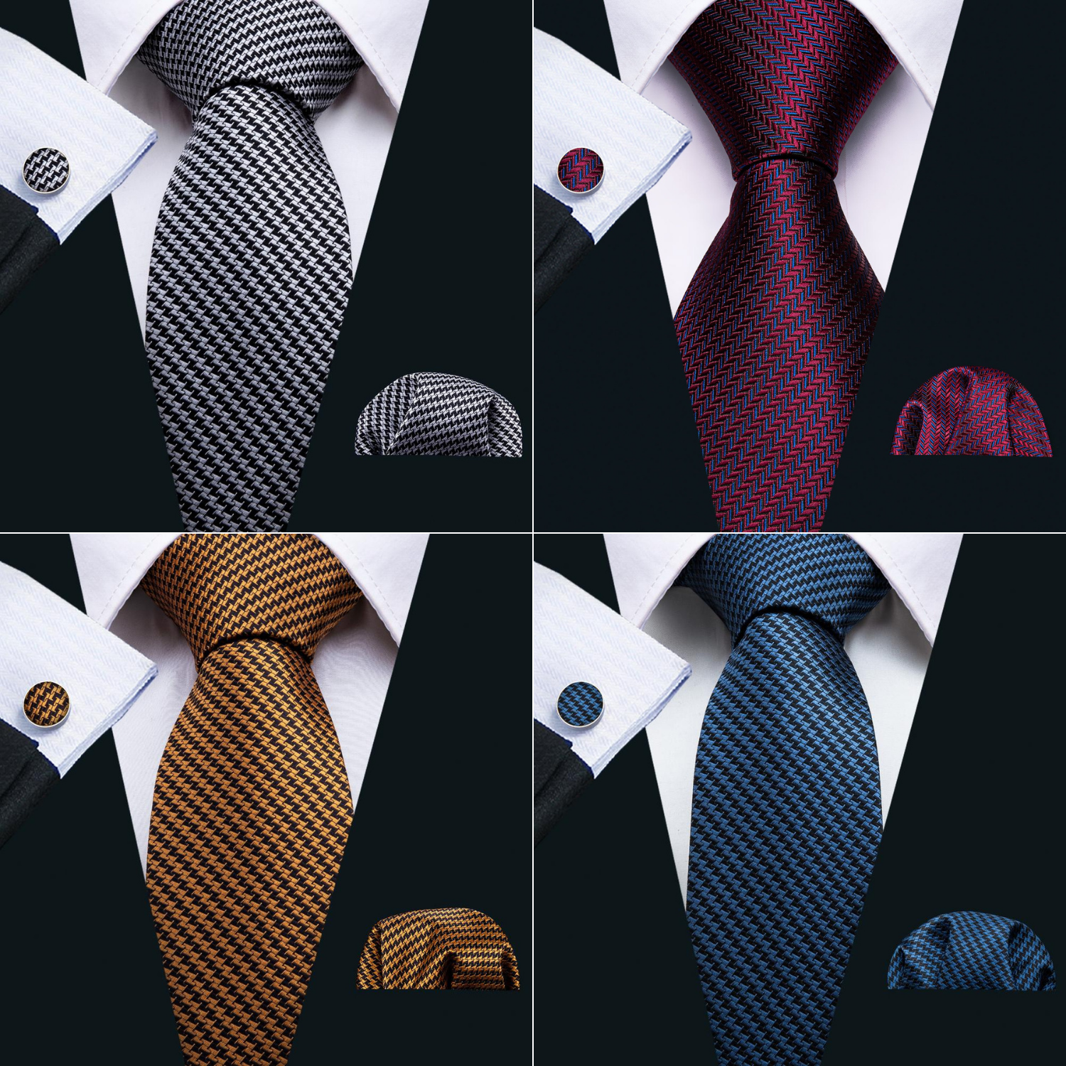 Barry.Wang New 4pcs Men Stripe Silk Tie Pocket Square Cufflink Set
