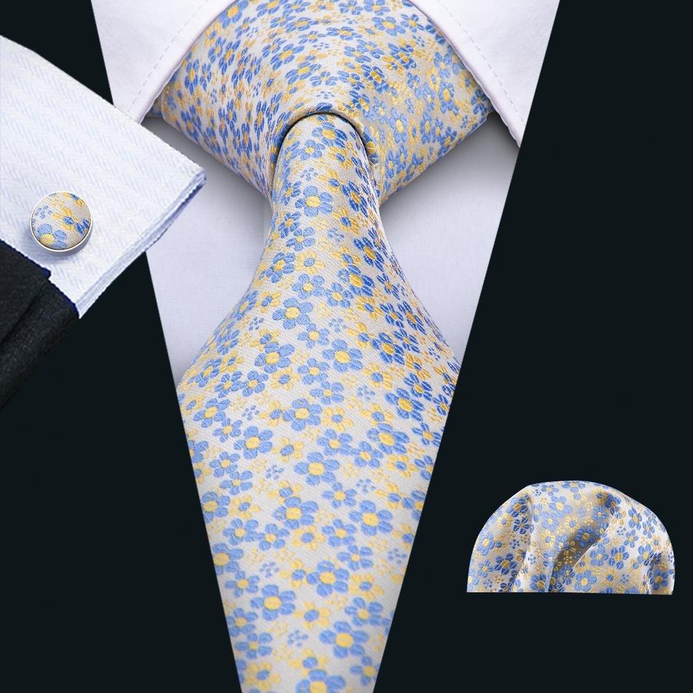 Blue Floral Silk Tie Hanky Cufflinks Set