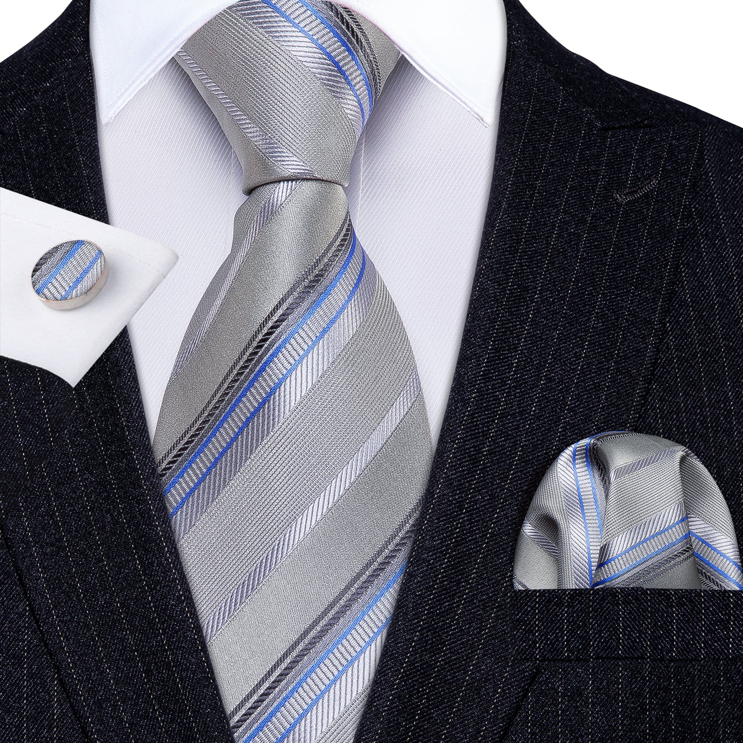 Silver Striped Silk Fabric Tie Hanky Cufflinks Set