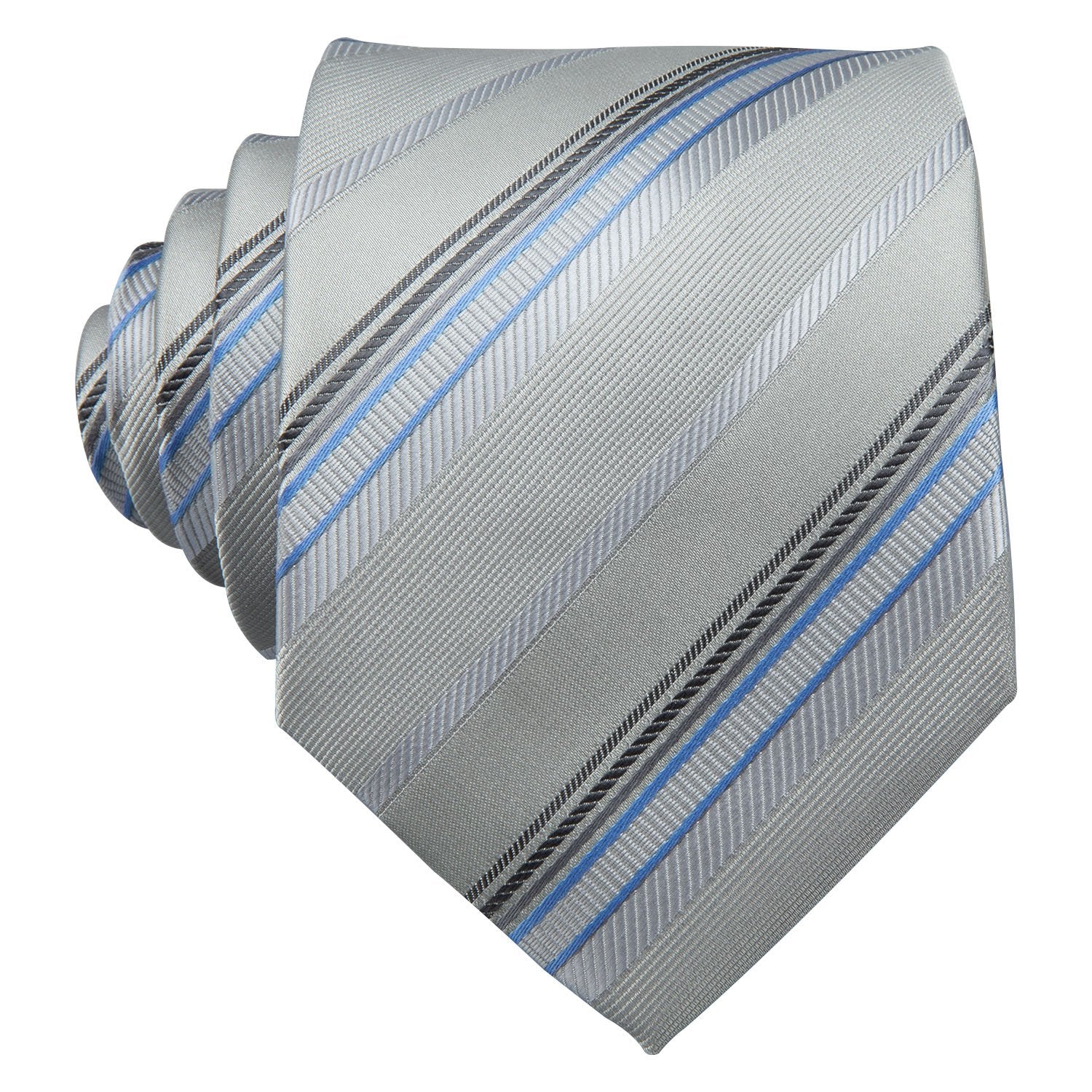 Silver Striped Silk Fabric Tie Hanky Cufflinks Set - barry-wang