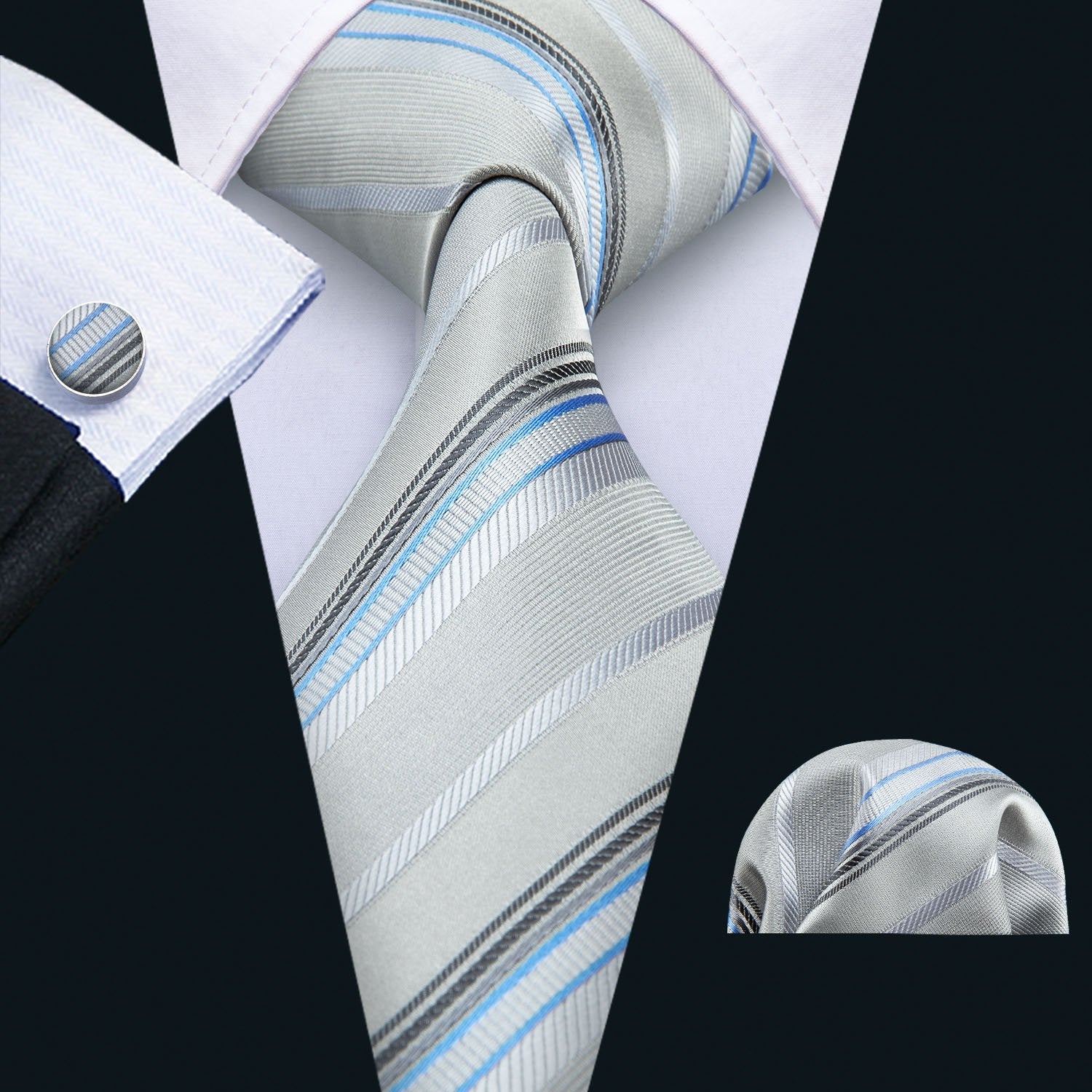 Silver Striped Silk Fabric Tie Hanky Cufflinks Set - barry-wang