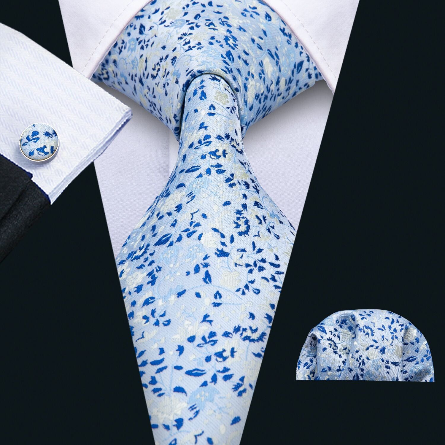 Blue Floral Silk Tie Hanky Cufflinks Set - barry-wang