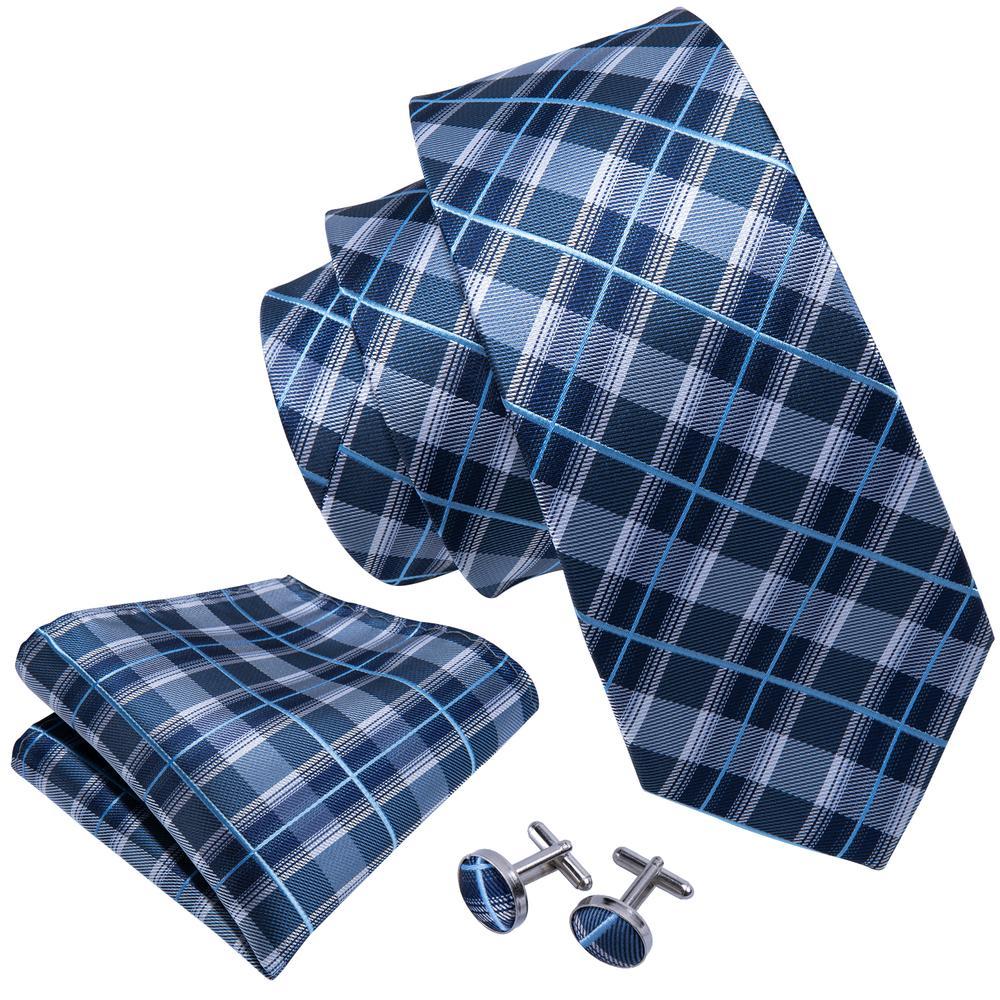 Classic Blue Plaid Men's Tie Set Tie Pocket Square Cufflinks Set - barry-wang