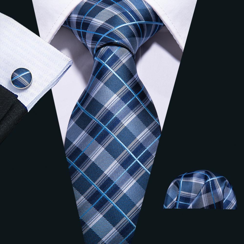 Classic Blue Plaid Men's Tie Set Tie Pocket Square Cufflinks Set - barry-wang