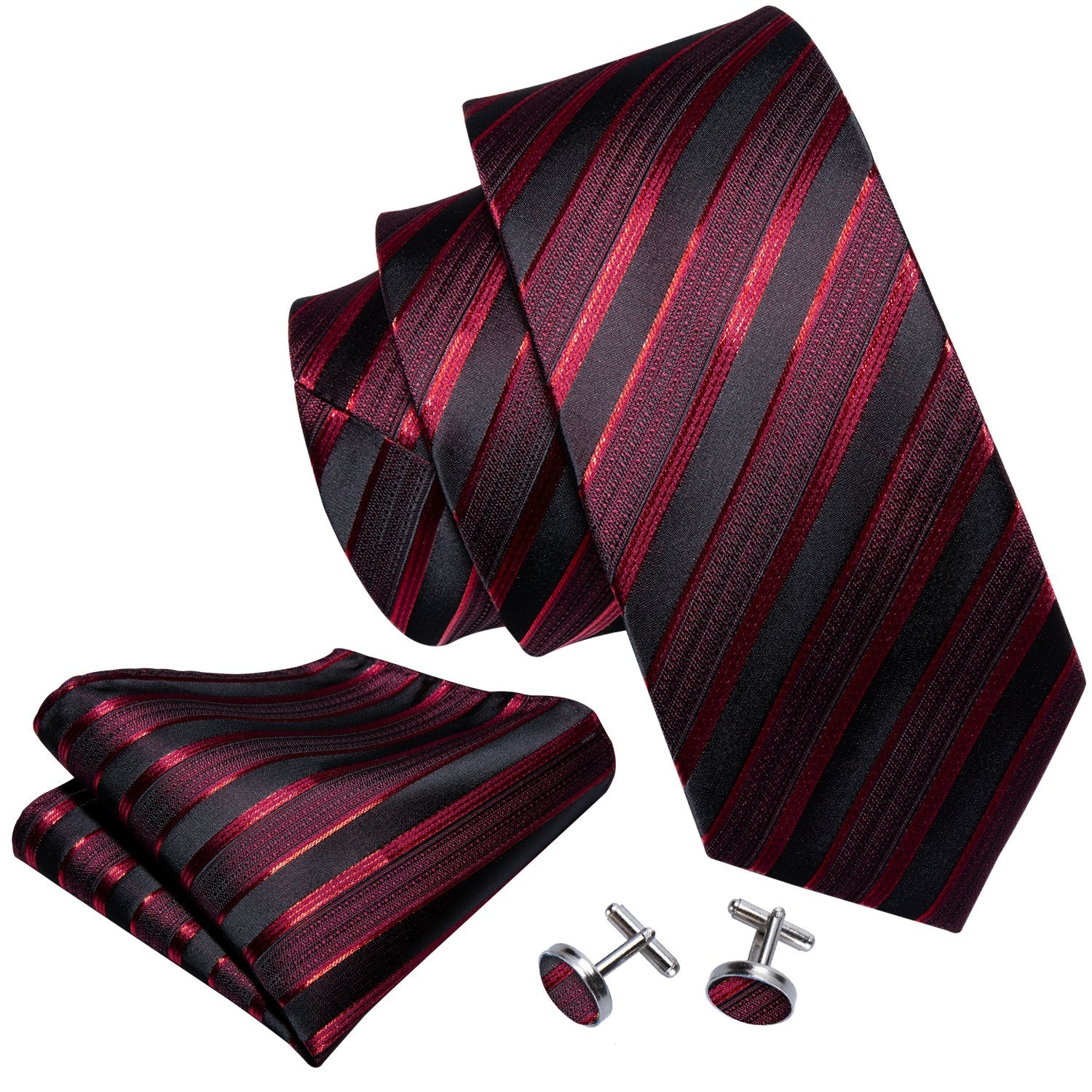 Red Black Striped Men's Tie Lapel Pin Brooch Silk Tie Pocket Square Cufflinks Set Wedding Business Party