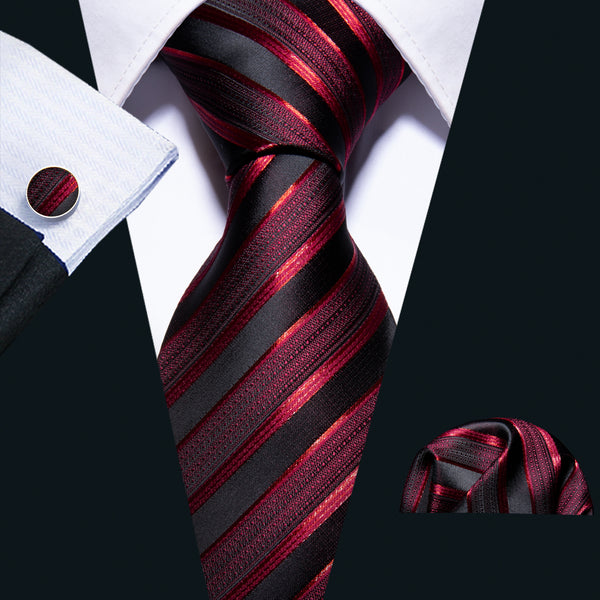 Barry. Wang Red Tie Classic Stripe Silk Tie Pocket Square Cufflinks Se